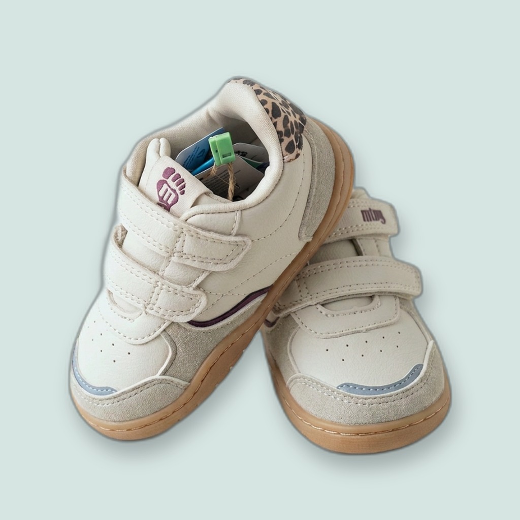 Ténis barefoot infantil — modelo Rise Cream / Leopardo